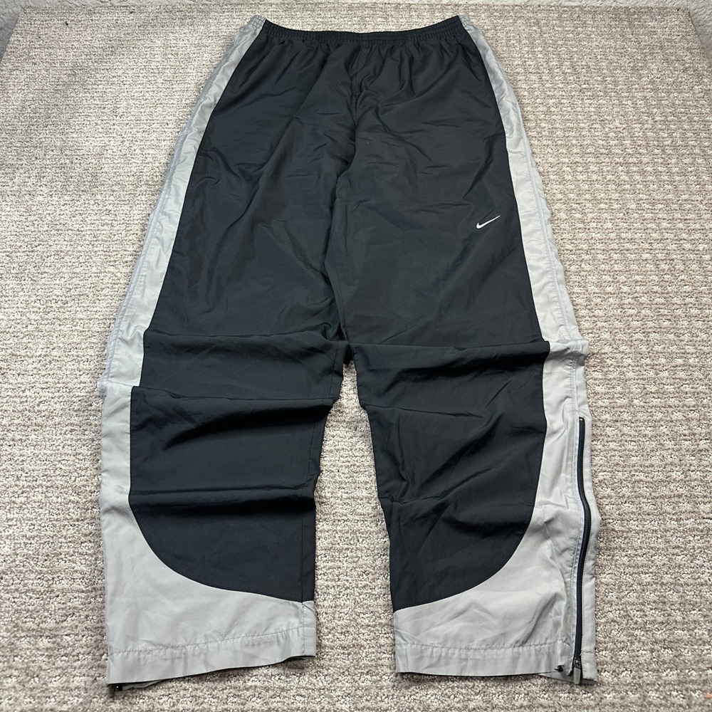 Y2K Nike Mens XL Track Pants Black Grey Colorblock Windbreaker Ankle Zip Swoosh
